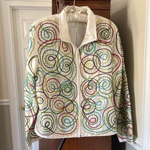 *ANAGE Silk Colorful Swirl Women's Zip Up Jacket Blazer Ribbon Embroidered Retro